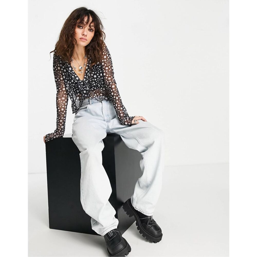 Free People Star Print Tie Front Sheer Long Sleeve Marne Top Black White Size XS